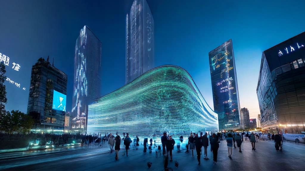 The AI advertising center in a futuristic city, showcasing the advanced technology and vision of AI-optimized advertising in 2025