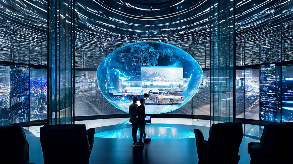 A futuristic city's AI advertising control center showcasing ad effects in various scenarios, with a team discussing how to optimize ad placement using new tools.