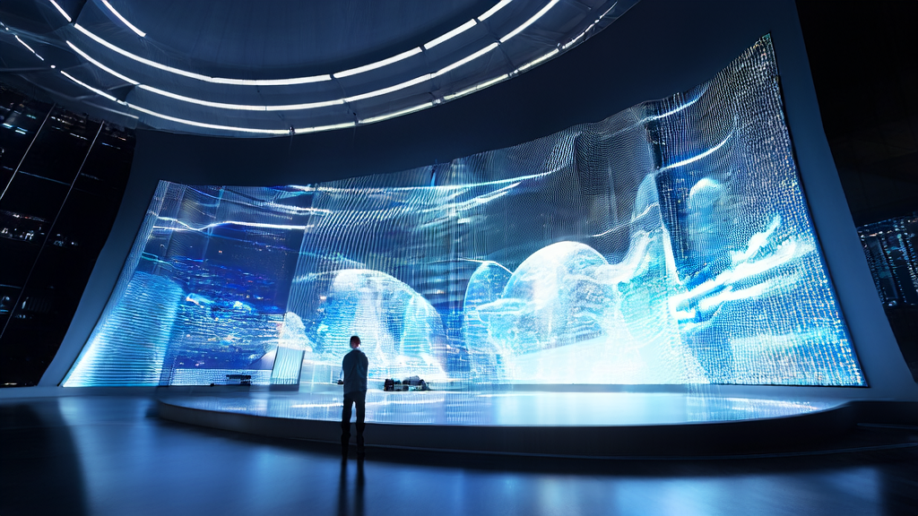 未来城市中的AI广告投放控制中心,展示全球用户数据和广告效果