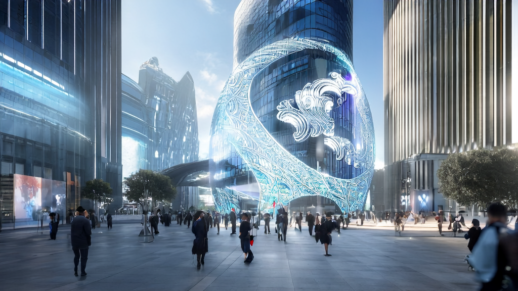 未来城市的广告投放中心,高科技街道和智能广告屏幕,展现AI技术进步与创新