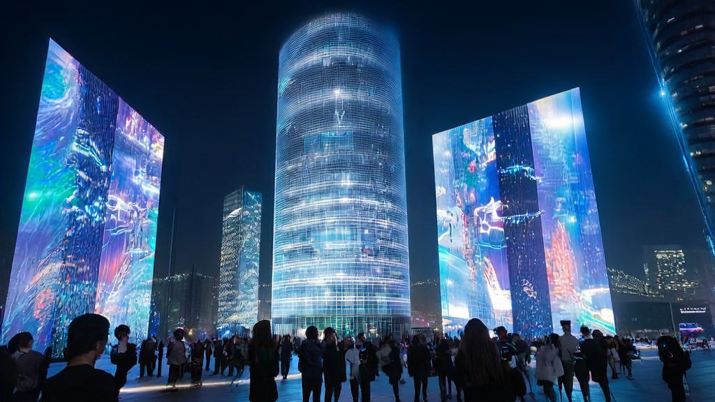 A futuristic city's high-tech advertising ecosystem showcasing personalized ad content, with smart devices interacting in real-time with surrounding ads, all precisely controlled and optimized by AI.