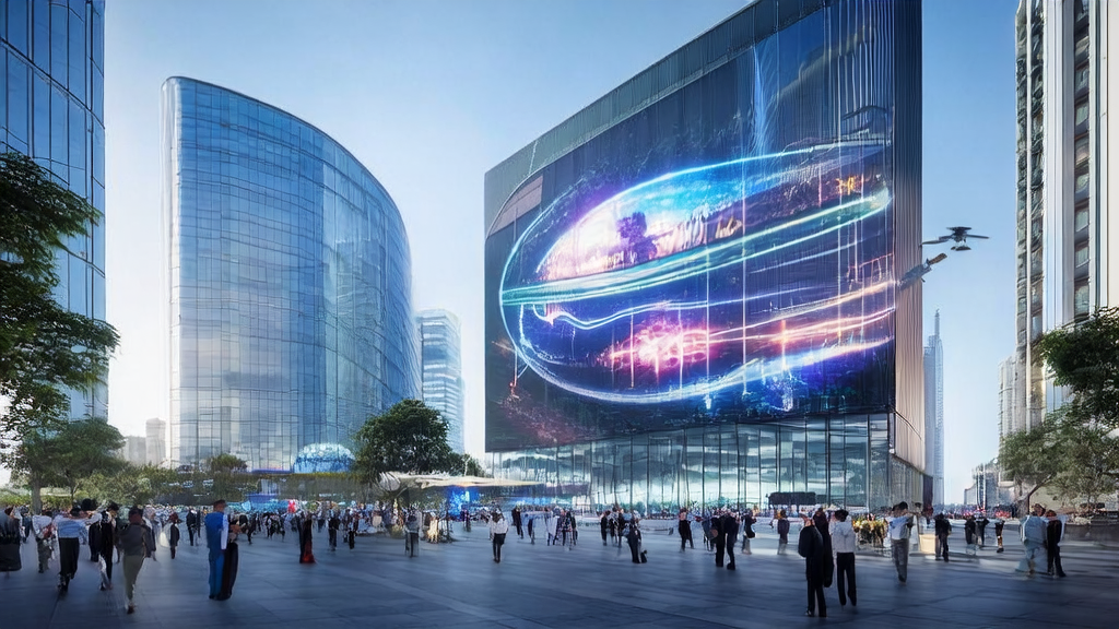 An interactive AI advertising experience zone in a future city, showcasing the latest video generation technology and personalized ad content