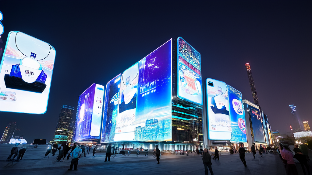 未来城市中的AI全息广告吸引市民驻足观看