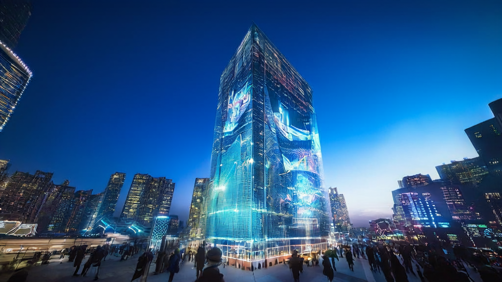 A futuristic city with an intelligent advertising tower displaying AI-generated personalized ads, symbolizing the new trend of AI-optimized advertising in 2025