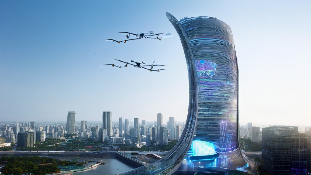 AI advertising control tower in a future city, showcasing global target audience data and ad performance
