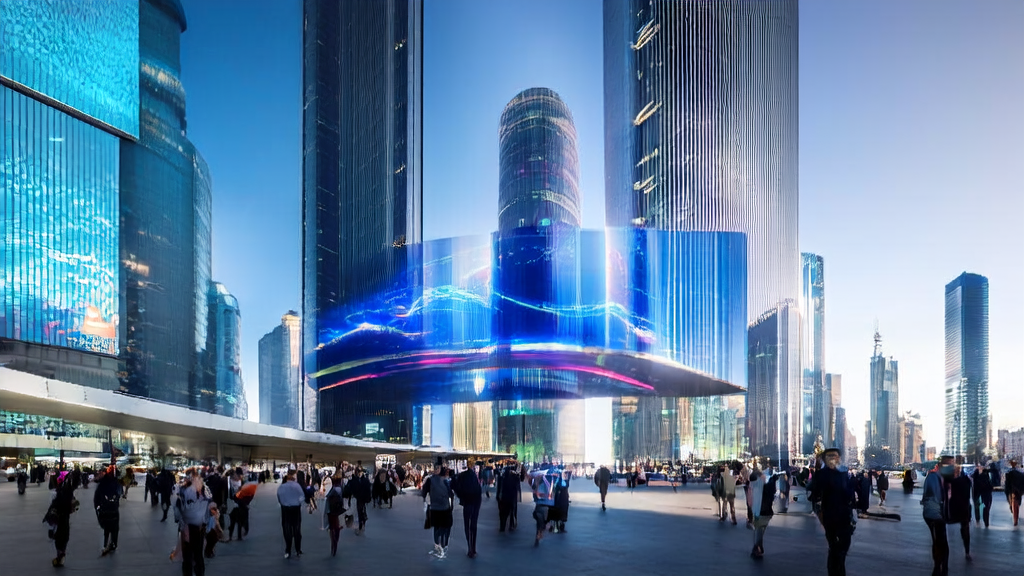 未来城市的智能广告投放中心,展示AI技术如何精准触达目标人群并降低广告成本。