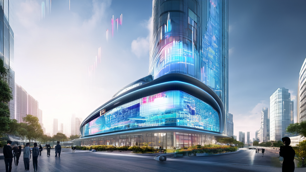 A futuristic city skyline with a skyscraper showcasing AI-optimized advertising effects and data analysis
