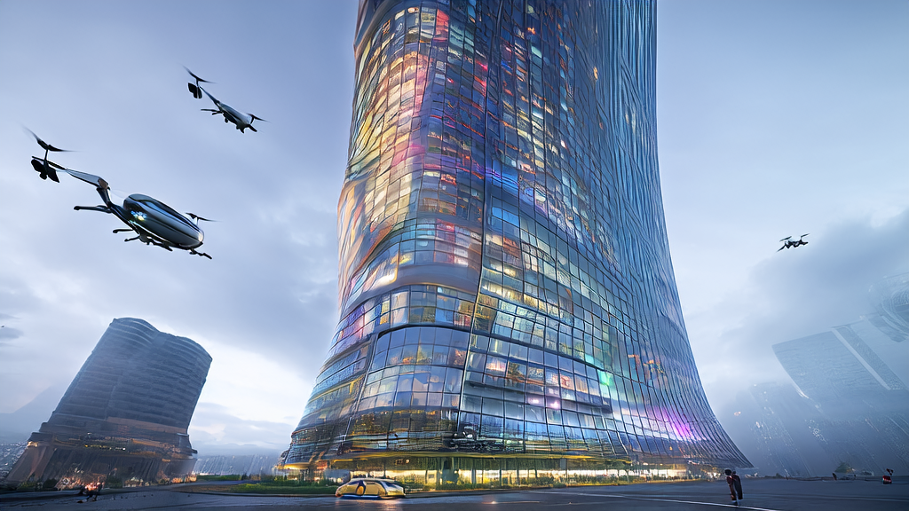 In a high-tech skyscraper in a future city, a data analyst monitors advertising data on a large screen while a robot assistant delivers new ad materials, showcasing the application of AI in advertising.