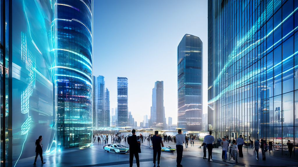 Scene in a future city showcasing real-time AI advertising optimization and interactive mobile desktop robots