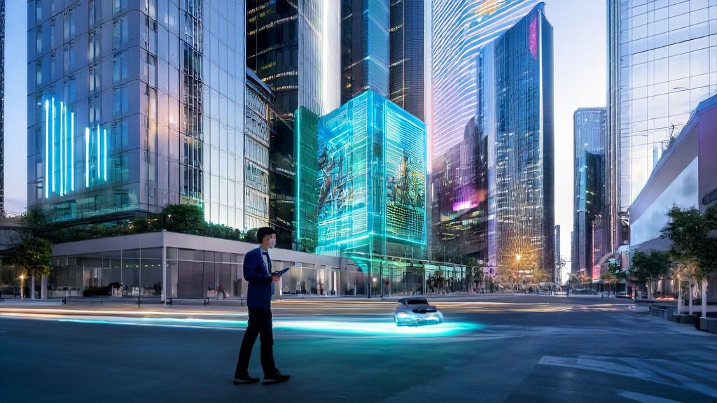 A scene of future city with AI-optimized advertising and self-driving cars