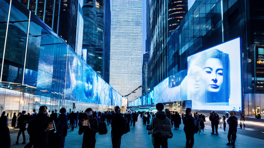 A futuristic city scene showcasing AI-optimized advertising in 2025, highlighting how AI technology can precisely reach target audiences and reduce CPA.