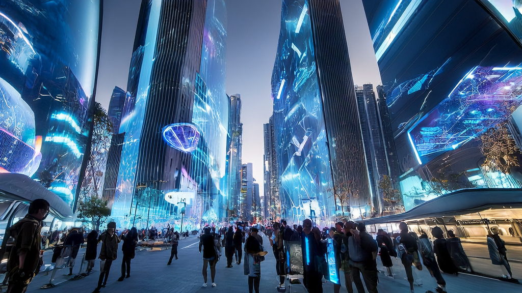A futuristic city scene showcasing AI advertising optimization, with smart robots and self-driving cars interacting with citizens, highlighting the application of the low-latency Sonic-3 voice AI engine.