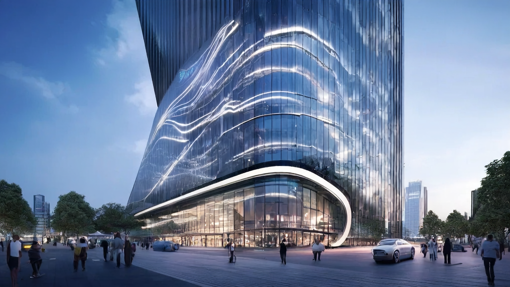 未来城市的现代化办公大楼，展示AI优化广告投放和实时交互技术