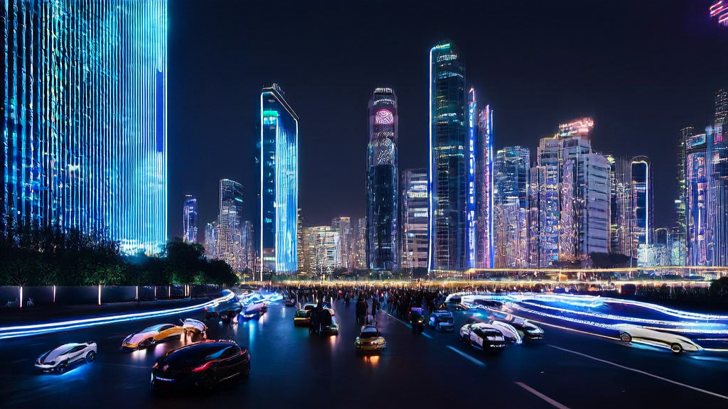 A futuristic cityscape with AI-optimized advertising: data streams flow through skyscrapers, and drones deliver targeted ads.