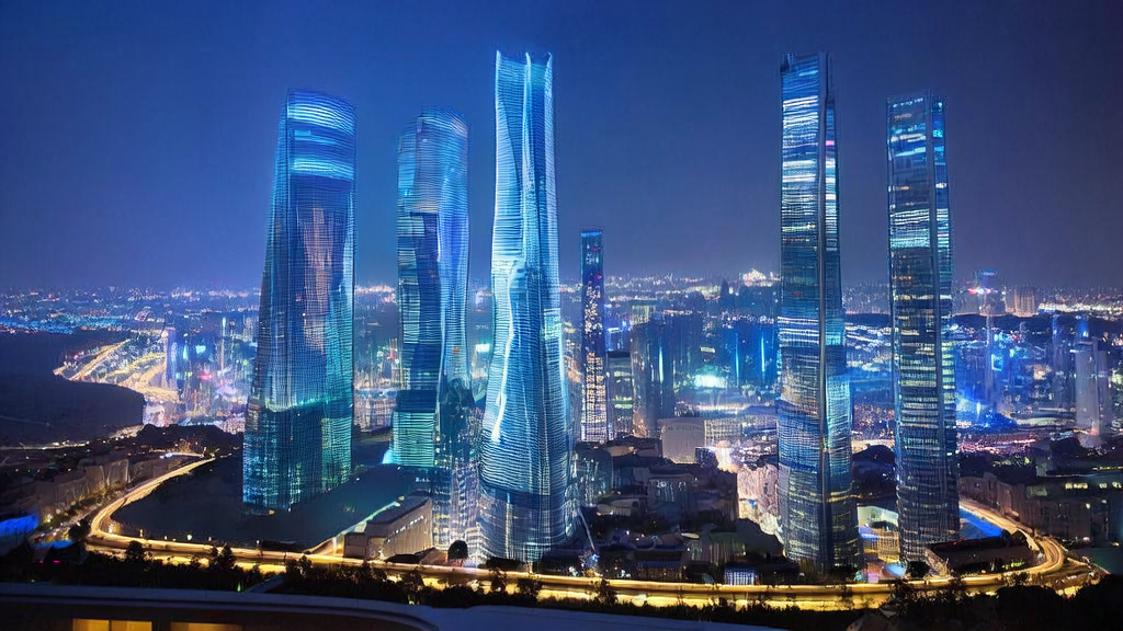 In the heart of a futuristic city, Luo Fuli monitors and adjusts AI-optimized advertising strategies from the rooftop of Xiaomi headquarters