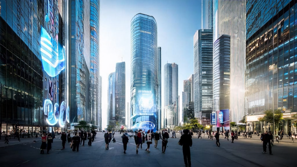 In the streets of a future city, an AI system is optimizing ad placement in real-time to ensure each user sees ads tailored to their needs.