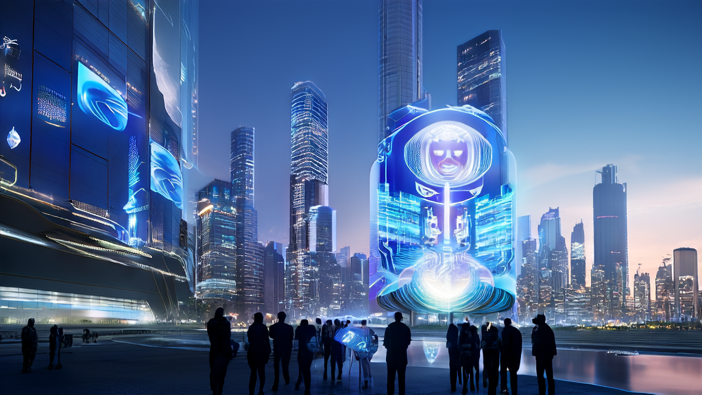 未来城市中展示2025年AI优化广告投放技术的大屏幕和观众