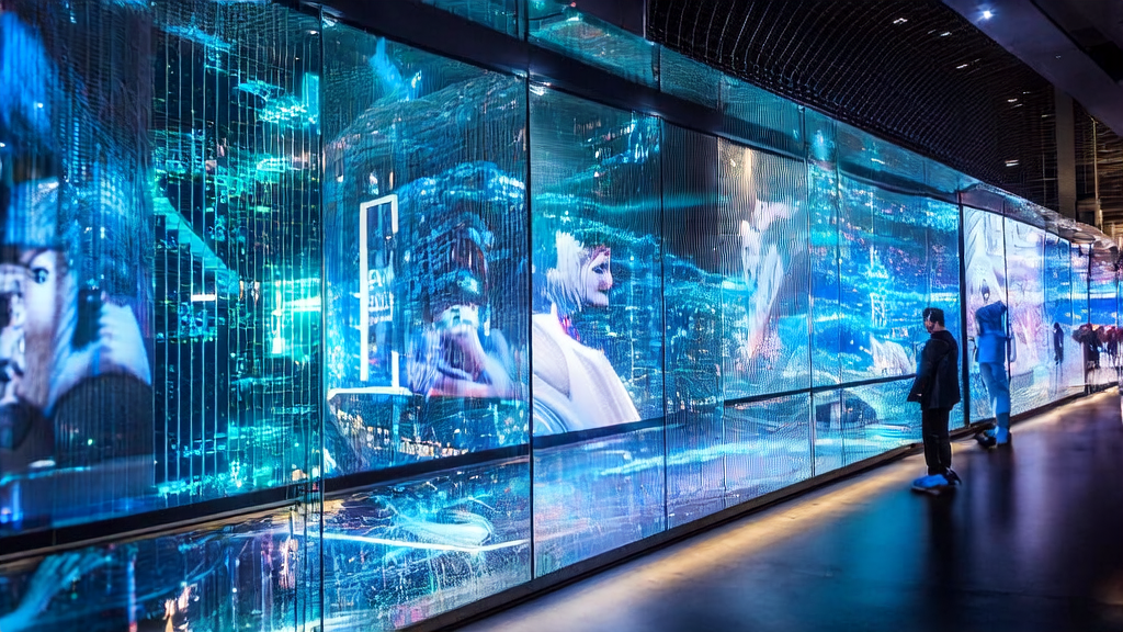 AI-driven advertising screens in a future city, displaying personalized ad content and optimizing ad placement strategies with the DreamGym framework.