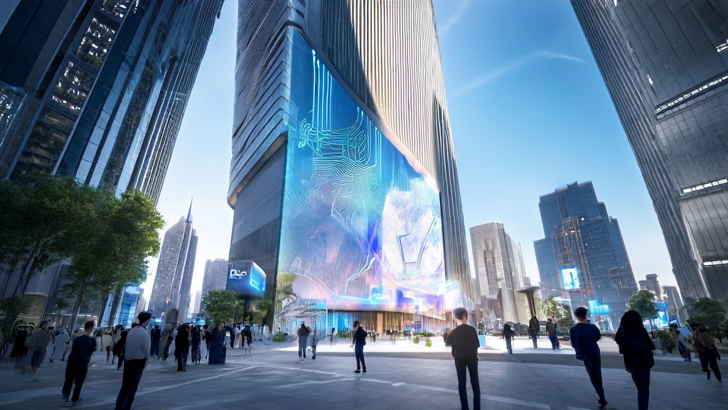 A street in a future city with smart AI-optimized advertising screens, where an entrepreneur monitors and adjusts ad strategies in real-time