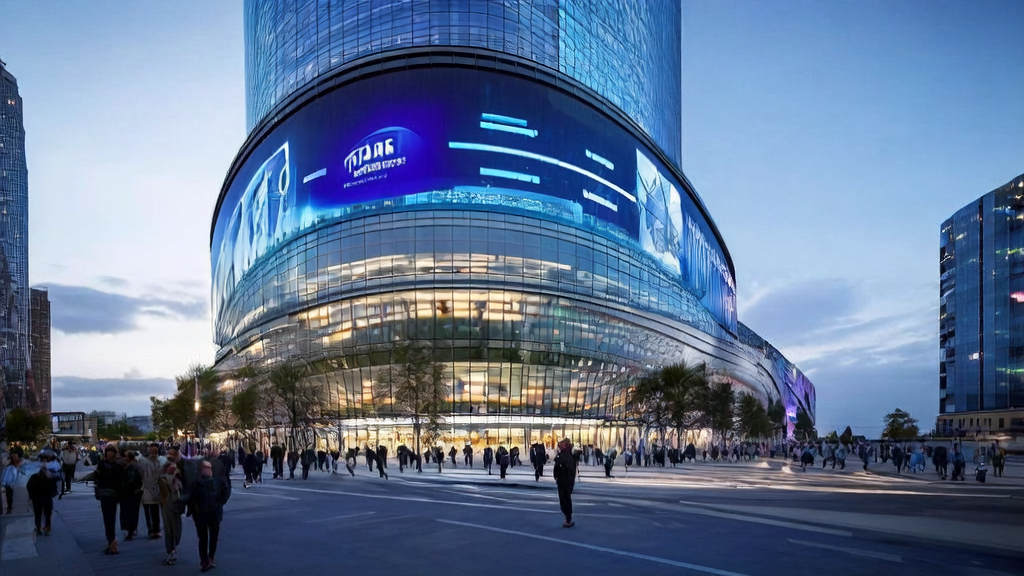 A tech company in a futuristic city discussing 2025 AI advertising optimization trends