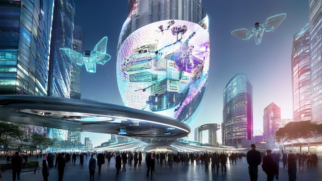 未来城市的智能广告投放场景，AI技术优化广告投放策略，实现精准触达目标用户。