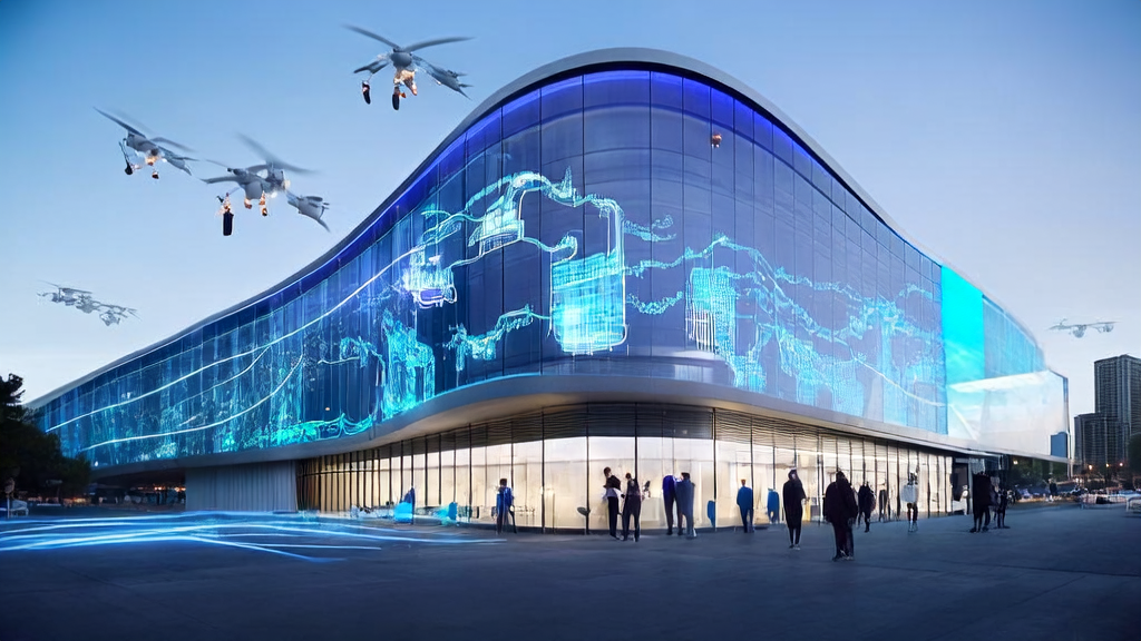 未来城市的高科技园区，展示2025年AI获客新趋势和广告投放优化技术