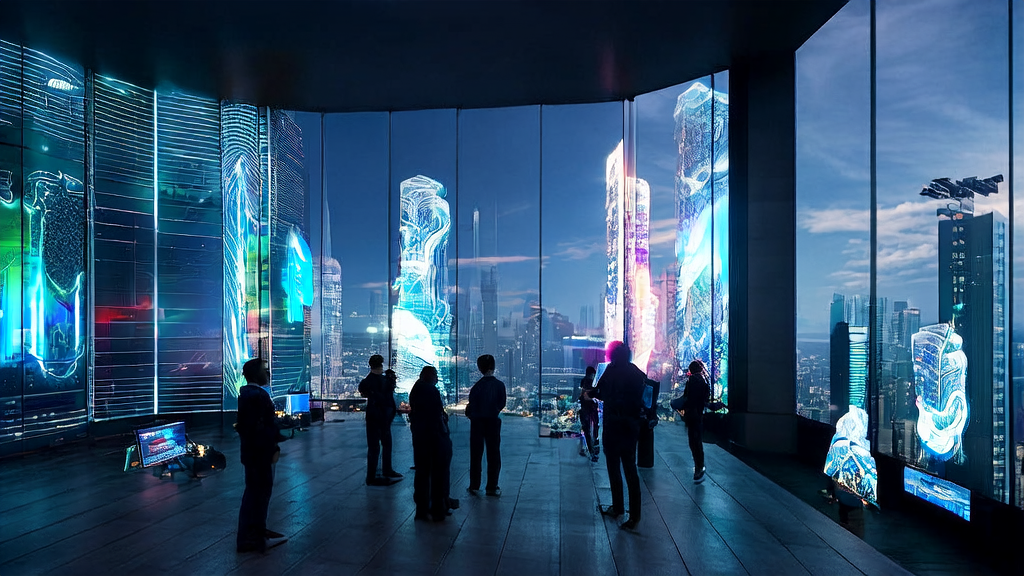 Advertising studio in a futuristic city where designers use AI tool Vidi2 for efficient video editing