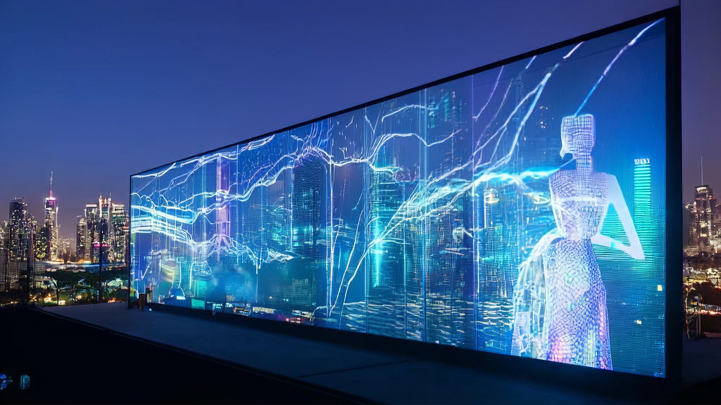 未来城市的AI广告投放系统，展示实时数据分析和微软VibeVoice-Realtime模型的互动应用