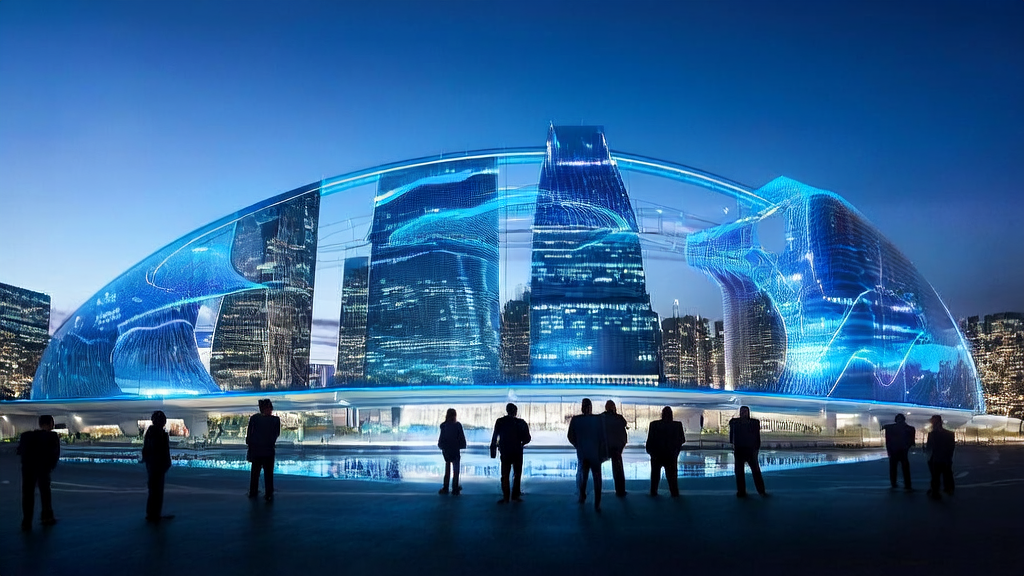 未来城市的现代化写字楼前展示最新AI广告投放技术