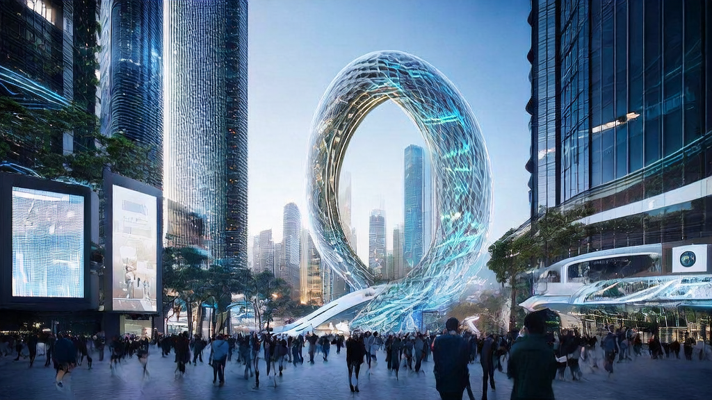 A futuristic city scene showcasing AI-powered advertising, highlighting how AI technology precisely reaches target audiences and reduces advertising costs.