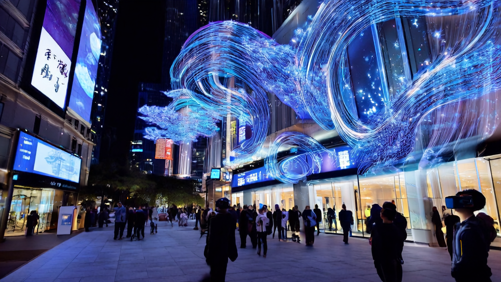 未来城市的智能广告投放场景，展示AI技术和万豪国际的合作