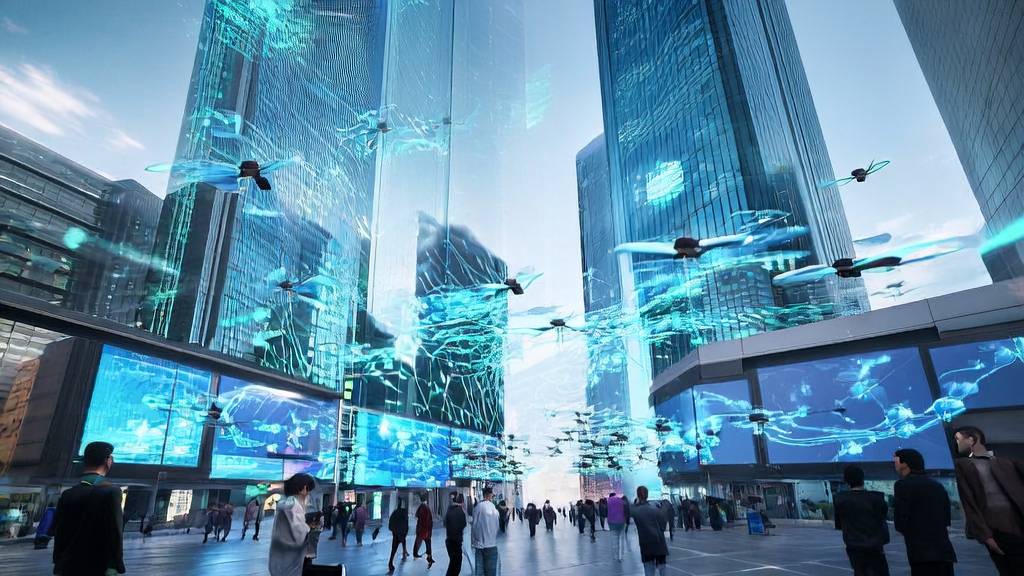 A futuristic city street where an entrepreneur uses AI for precise advertising, with a drone displaying the latest ads and AI assistants offering personalized product recommendations.
