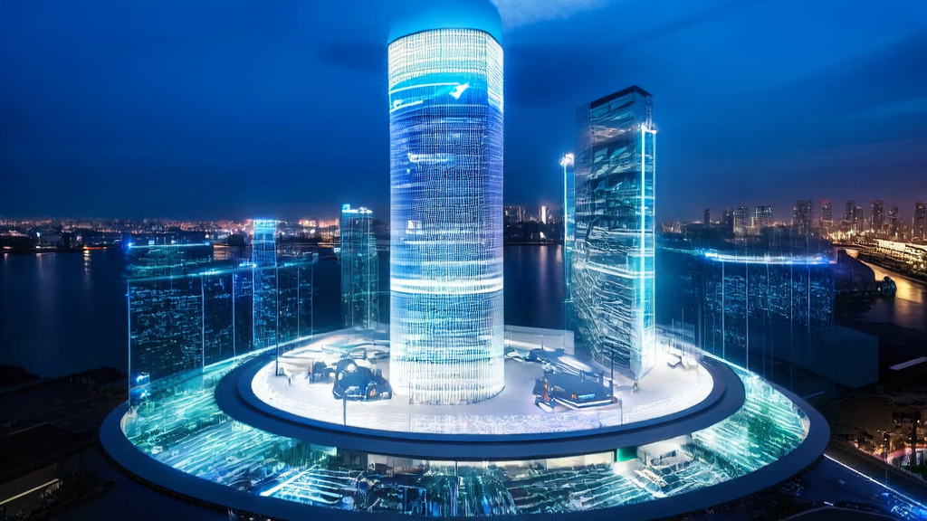 AI advertising control center in a futuristic city, where engineers adjust ad strategies using VR devices, showcasing the power of Tencent's ecosystem.