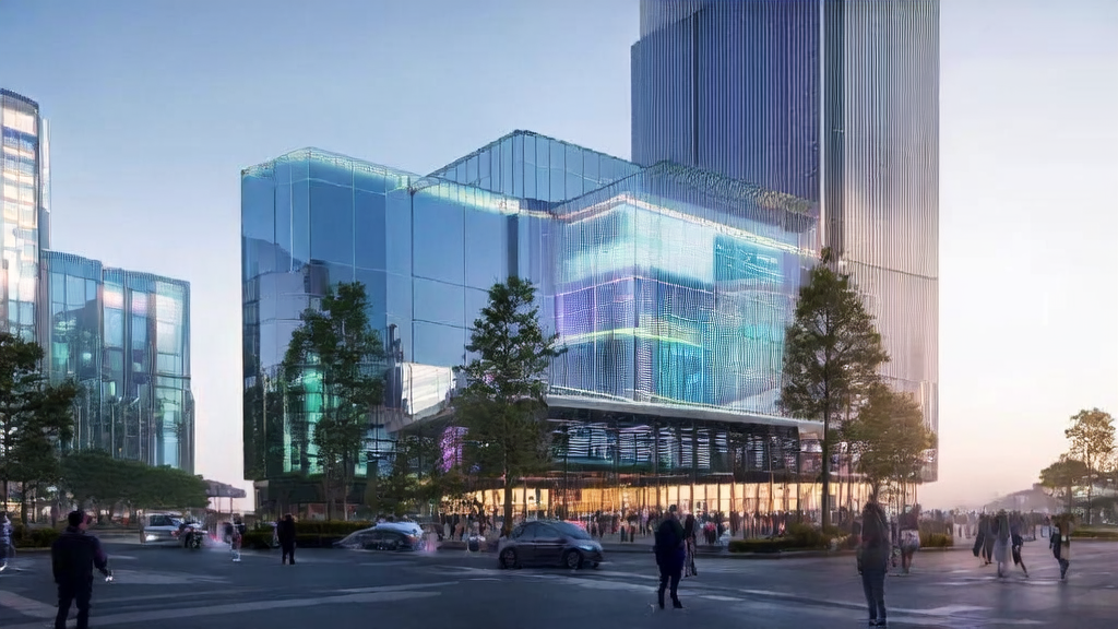 Scene of AI-driven advertising in a future city: smart billboards, self-driving cars, and pedestrians receiving personalized ads