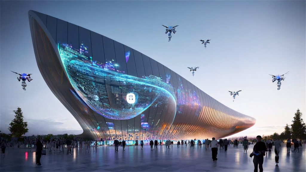 Scene of AI-optimized advertising in a futuristic city, showcasing high-tech buildings and smart device interactions