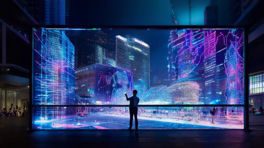 未来城市中的AI广告投放系统展示，企业家查看灵光闪应用的成功数据