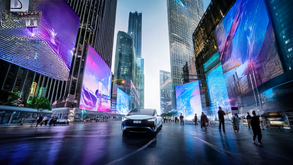 Scene of AI-optimized advertising in a futuristic city