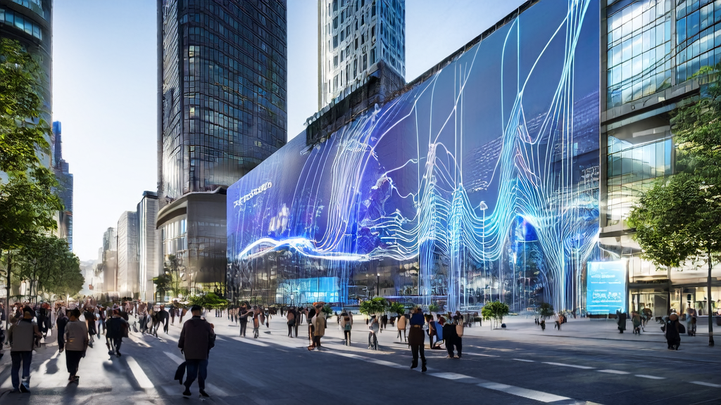 未来城市中的AI广告投放展示，屏幕显示最新获客趋势和数据分析