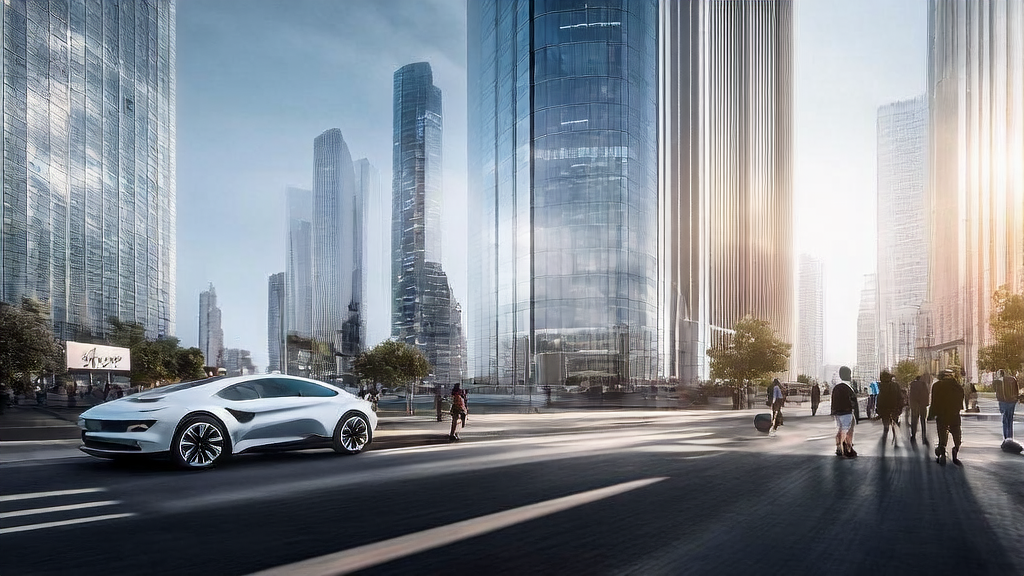 A scene of AI-powered advertising in a future city, featuring self-driving cars and smart billboards