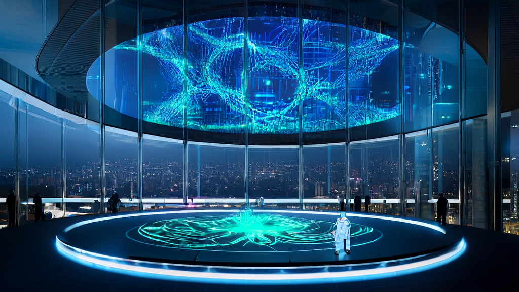 In the heart of a futuristic city, engineers are studying AI Agents that learn from errors, with complex data streams displayed on screens.