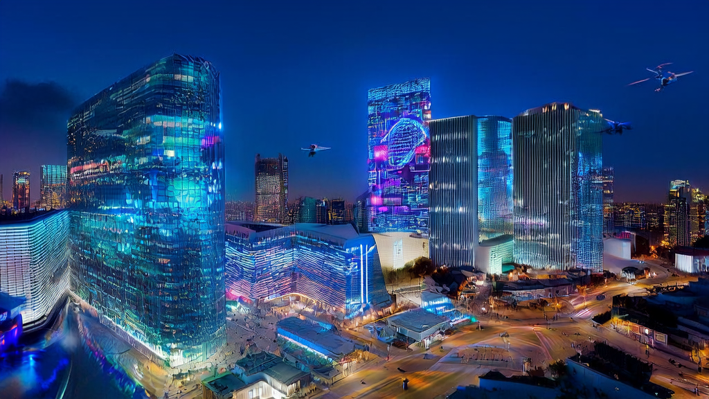 未来城市的现代化办公场景，展示AI技术和Twitter数据采集的应用