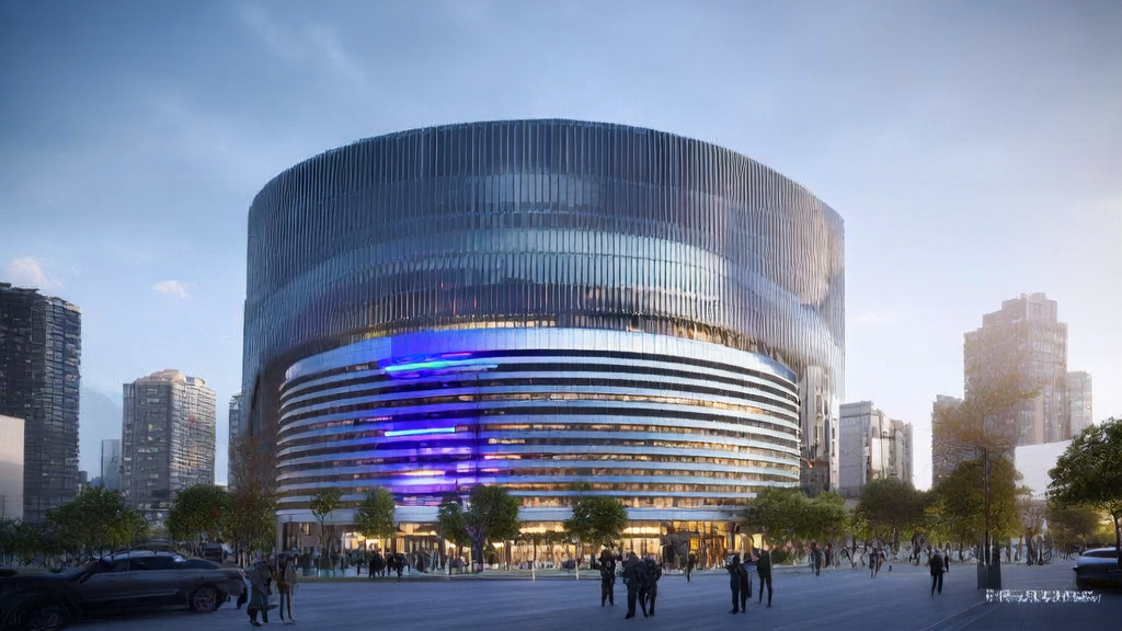 未来城市中的高科技办公楼与Rivian自研AI芯片装置，象征着AI技术为跨境电商行业带来的变革与光明前景