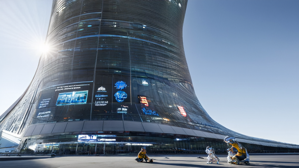 未来城市中的独立站大楼，展示AI关键词优化和多语言营销内容，工程师调试智能机器人，大屏幕显示OpenAI暂停Sora功能的消息