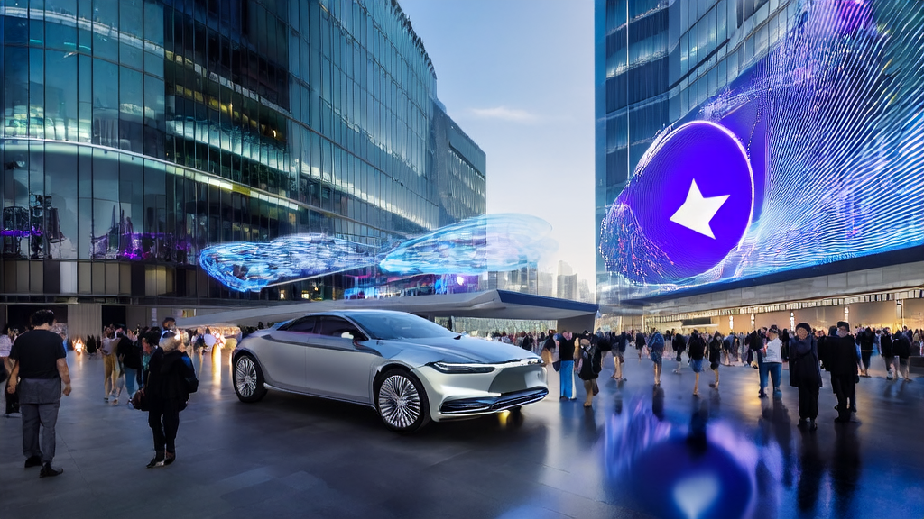 The central square of a futuristic city showcasing the latest AI client prediction model and ad targeting optimization strategies, attracting people to interact.