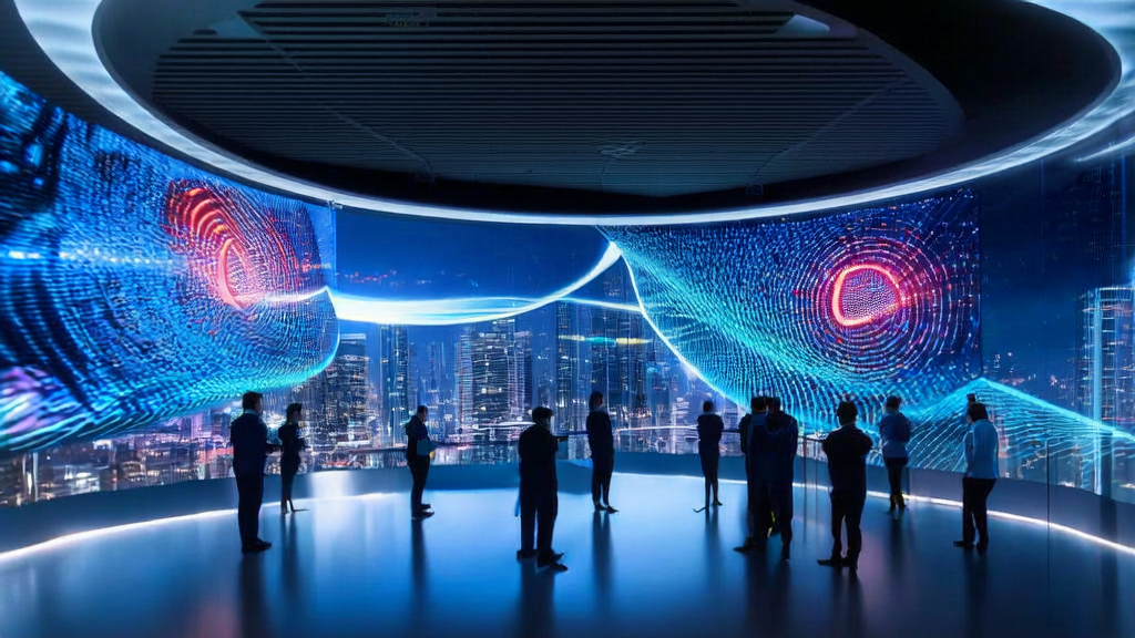 Top floor of a modern office building in a futuristic city, engineers are working on an AI client prediction model with AMD logo in the background.