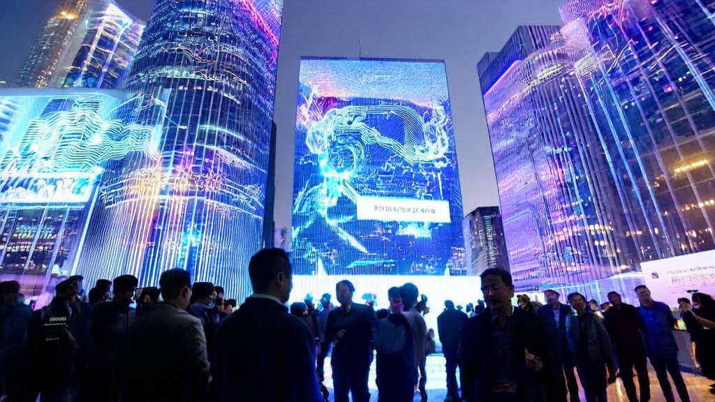 AI client prediction model demonstration in a futuristic city, explained by Luo Yonghao with the "Qie Ting" app