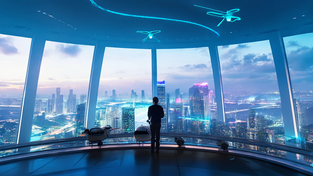 未来城市的高科技创业环境，展示2025年AI技术对跨境电商的影响