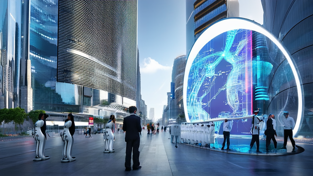 A futuristic city street showcasing the application of AI technology in cross-border e-commerce