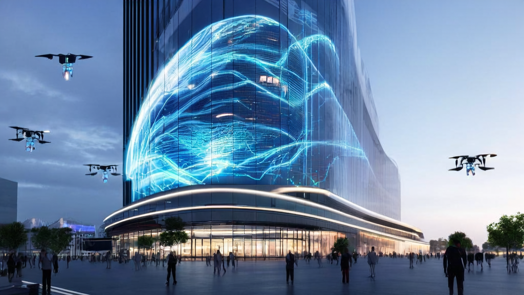 未来科技城市中，现代化办公楼外墙投影着MiniMax M2.1模型，无人机传递跨境电商信息，人们手持智能设备展示个性化邮件和广告。
