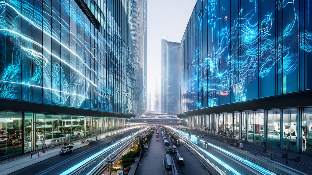 A futuristic city hub for cross-border e-commerce, featuring AI-powered robots and control towers showcasing the application of AI technology in 2025.
